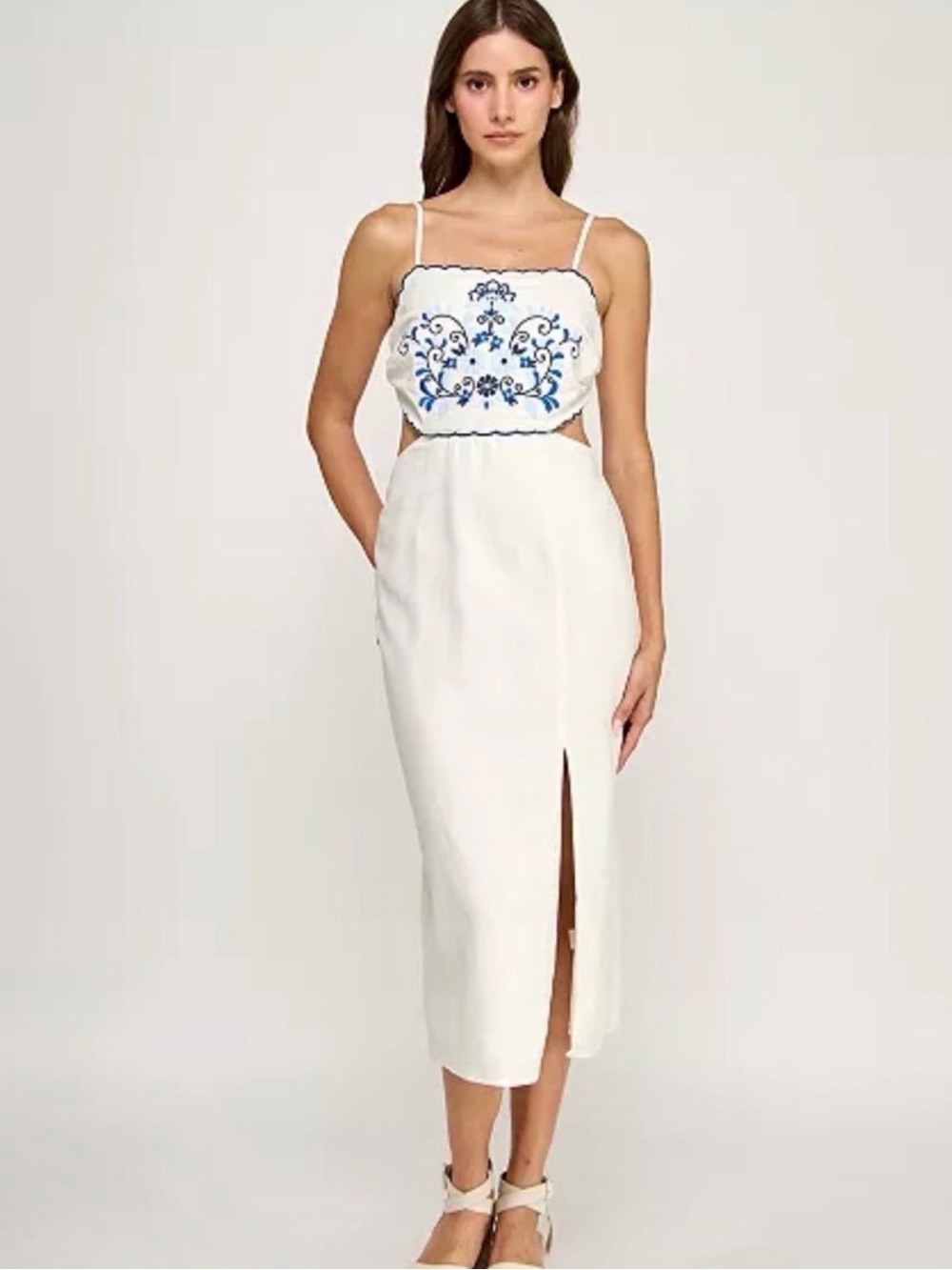 Row A White Embroidered Midi Dress with Blue Detail